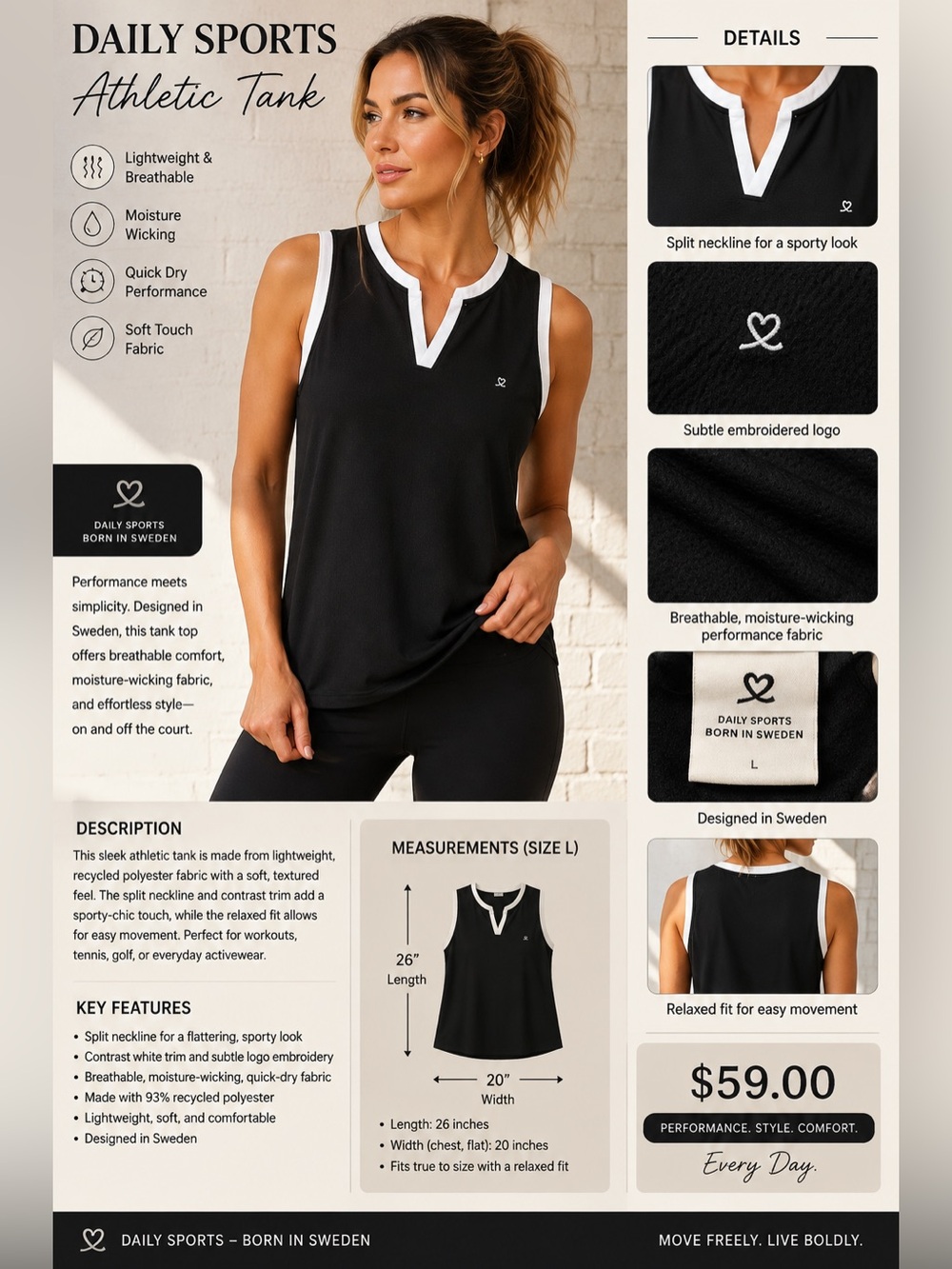 Daily Sports Black Tank Top with White Trim